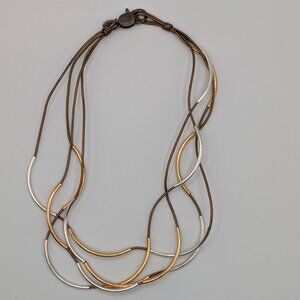 Lizzy James Wavy Gold Silver Necklace Bracelet 4-Strand Brown Cord 20" Boho